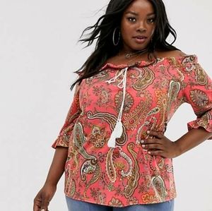 Simply Be Paisley Print Top With Smocked Neckline, Front Tassel Tie, Sz 26